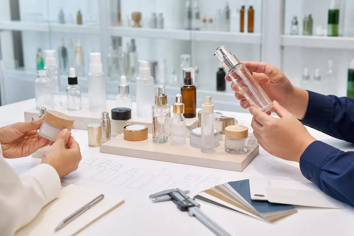 Buyers evaluating cosmetic packaging bottles, jars, pumps and finish samples