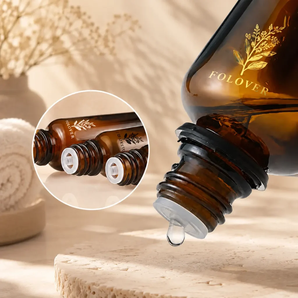 Euro dropper bottles with different glass colors, reducer inserts and closures for concentrated liquid formulas