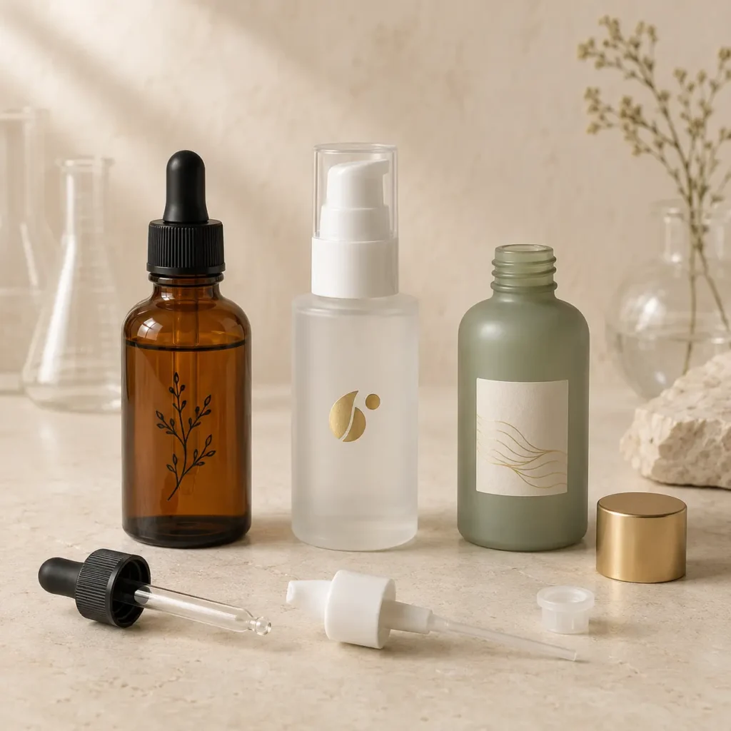 Glass serum bottles with pipette droppers and treatment pumps for different skincare formulas