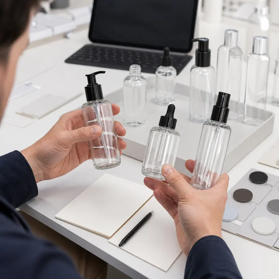 Buyer testing cosmetic bottle closure samples with formula bottles