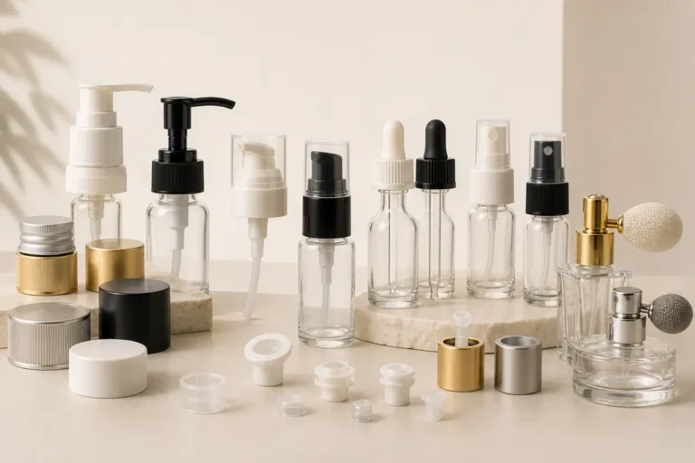 Cosmetic bottle pumps droppers sprayers caps and reducers arranged together