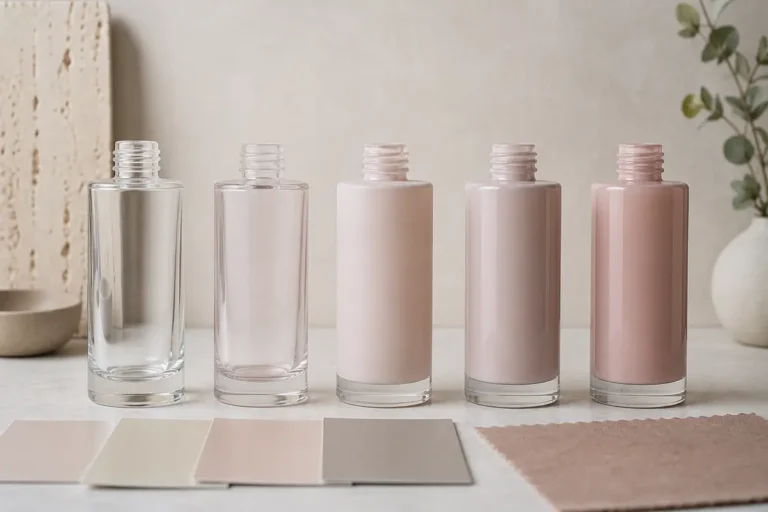 Cosmetic glass bottle color samples progressing from clear glass to coated physical approval colors