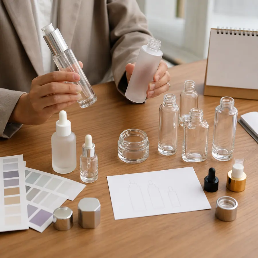 Packaging buyer comparing cosmetic bottle samples closures and finish options