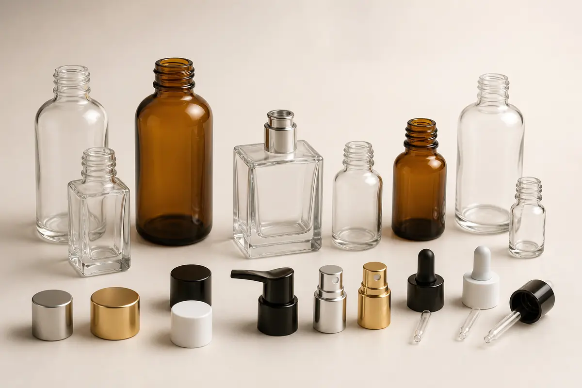 Cosmetic glass bottle screw crimp and dropper neck finishes with closures
