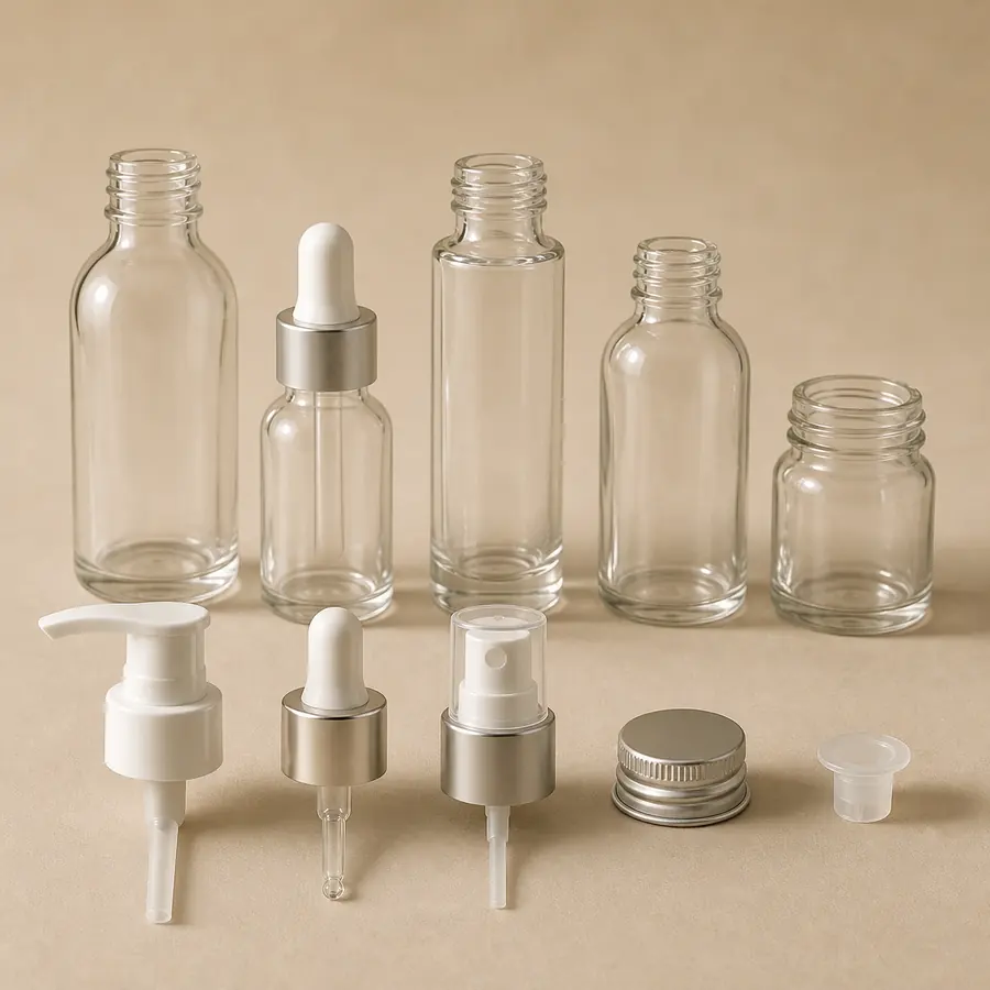 Cosmetic pump dropper sprayer screw cap and reducer closure types