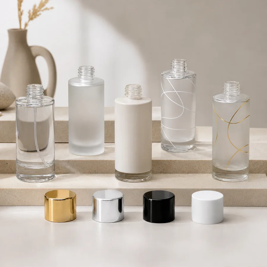 Cosmetic glass bottles with coating frosting printing hot stamping and closure finish samples