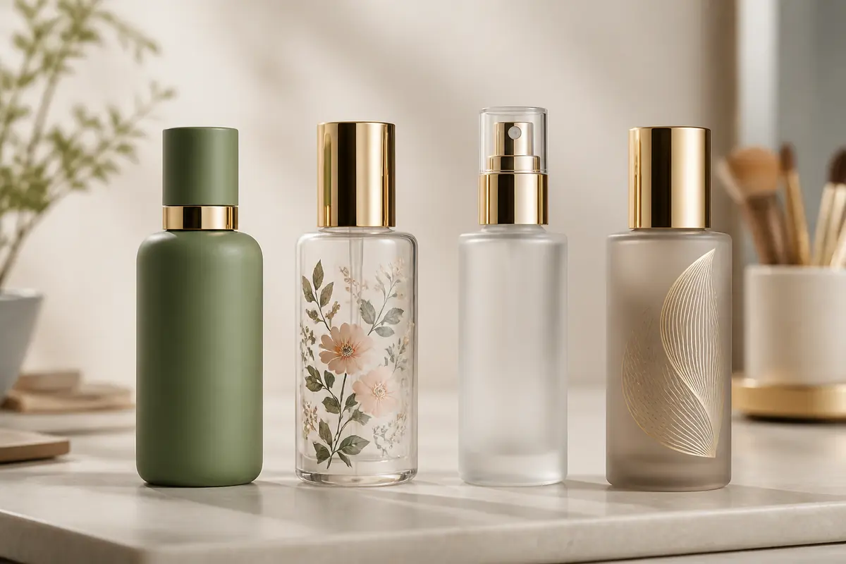 Cosmetic glass bottles with coating printing frosting and metallic decoration