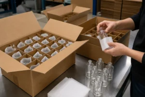 Glass cosmetic bottles packed in protective cartons with dividers