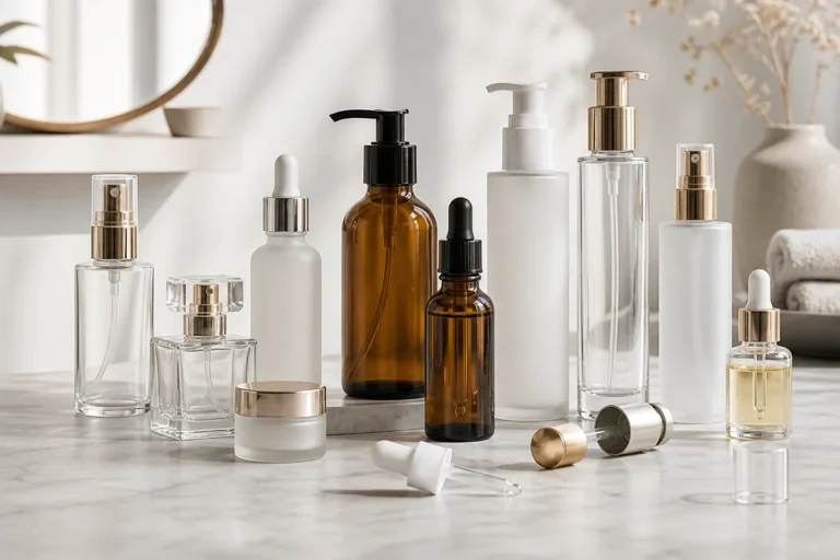 Assortment of cosmetic glass bottles for serum lotion toner oil and perfume applications