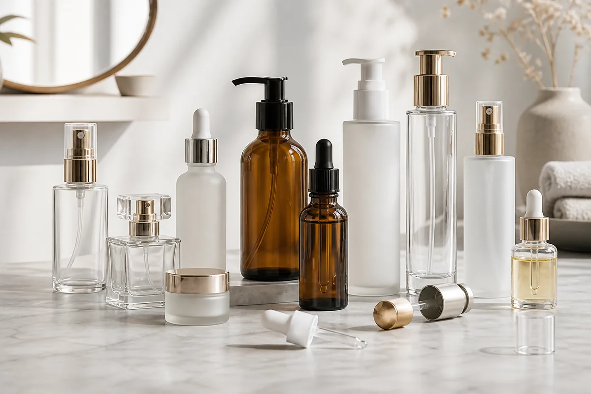 Assortment of cosmetic glass bottles for serum lotion toner oil and perfume applications