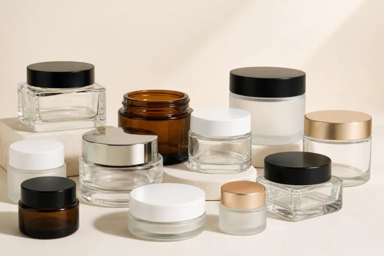 Clear frosted and amber cosmetic glass jars with coordinated lids