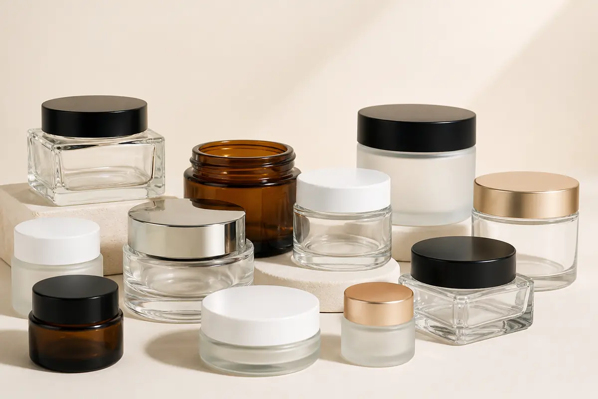 Clear frosted and amber cosmetic glass jars with coordinated lids