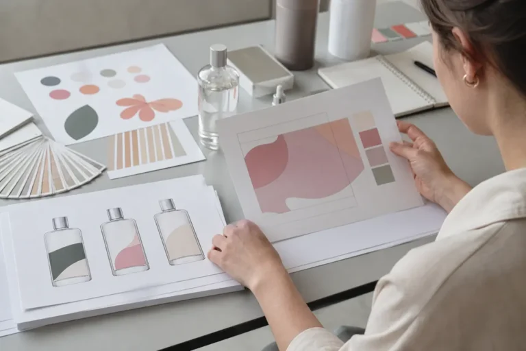 Designer preparing decoration artwork for cosmetic glass bottles