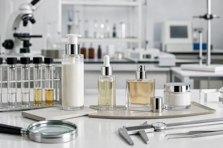 Cosmetic bottles jars pumps and droppers arranged for compatibility testing