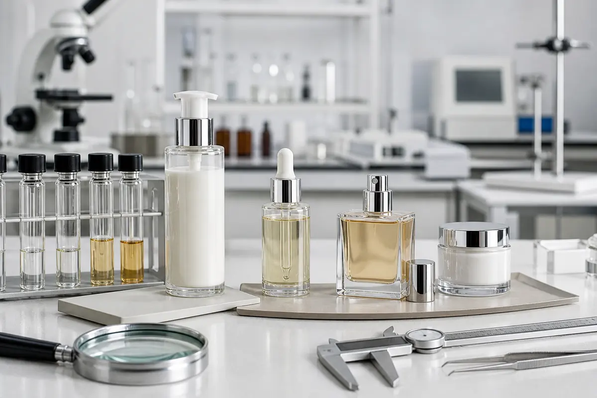 Cosmetic bottles jars pumps and droppers arranged for compatibility testing
