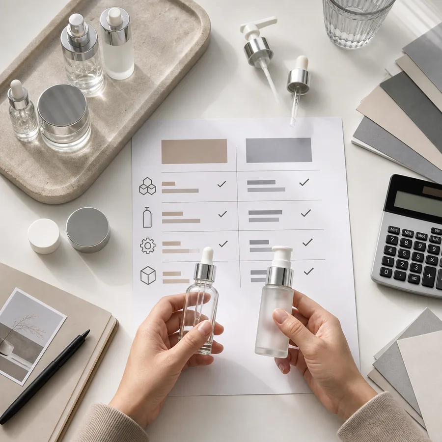 Buyer comparing cosmetic packaging MOQ unit cost tooling and inventory exposure