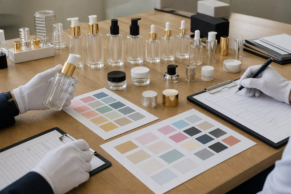 Buyer team reviewing cosmetic packaging samples and color references