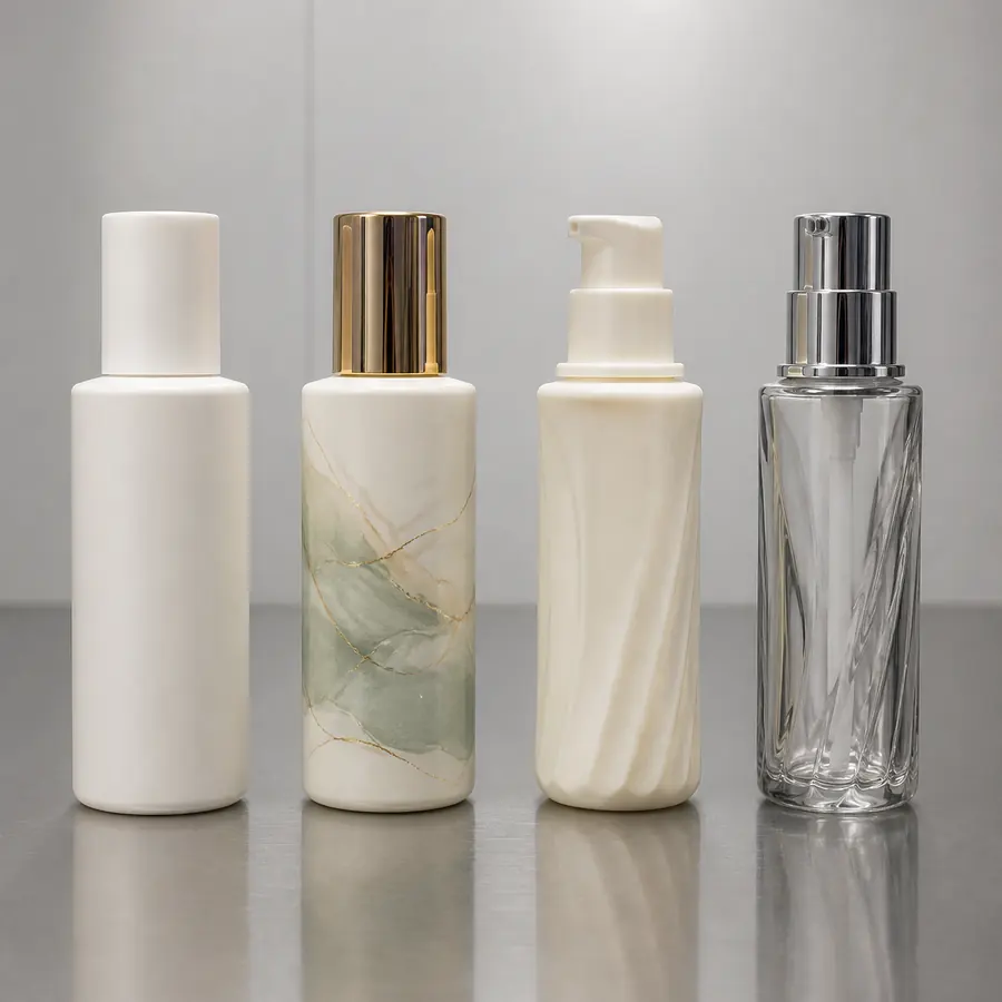 Different cosmetic packaging samples arranged for approval