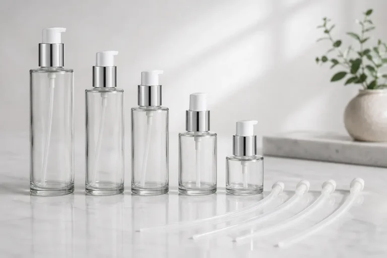 Cosmetic pump and dip tubes positioned beside glass bottles of different heights