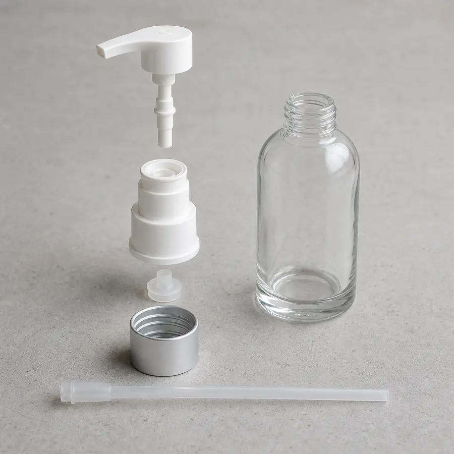 Actuator pump chamber closure and dip tube components of a cosmetic pump