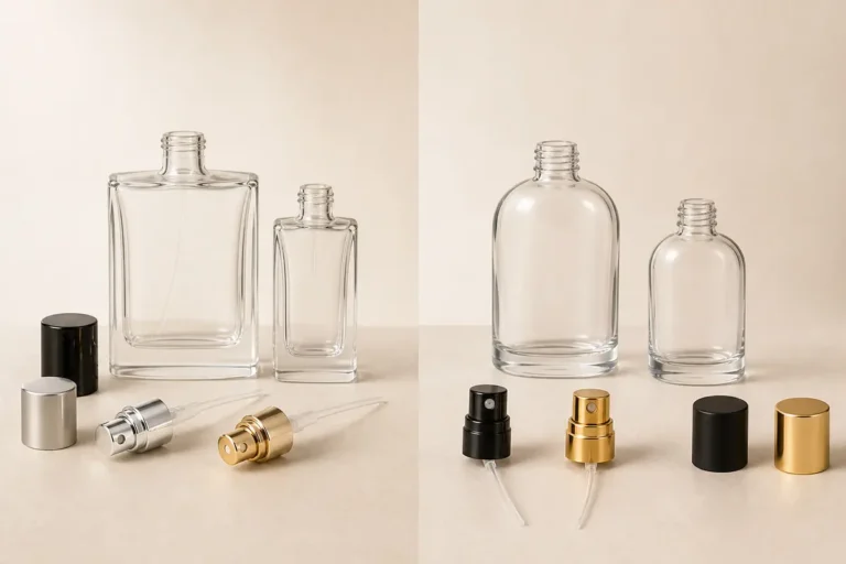 Crimp neck and screw neck perfume glass bottles with atomizer components