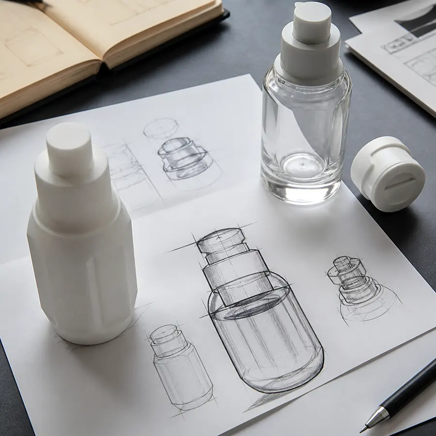 Custom glass bottle concept sketches beside a clean three-dimensional bottle model