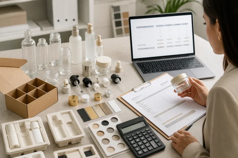 Buyer calculating custom cosmetic packaging cost with bottles components and packing samples