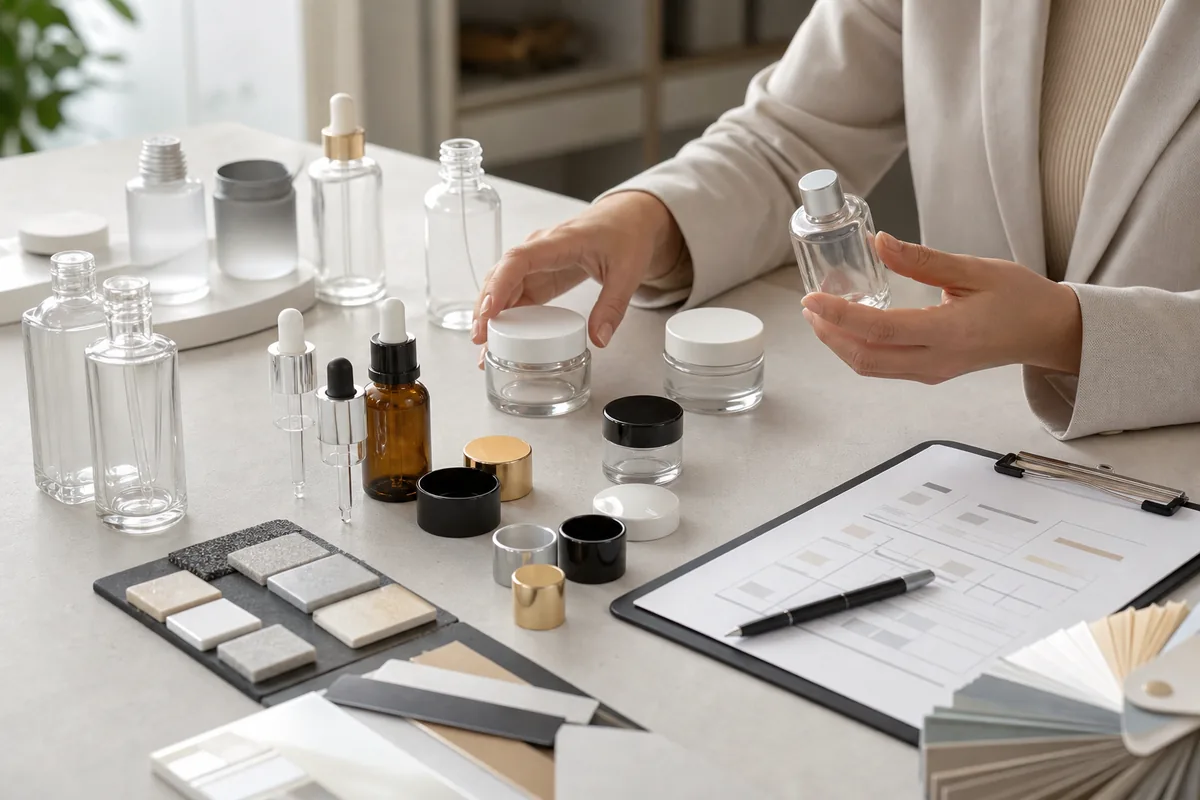 Cosmetic packaging buyer reviewing bottle component and order quantity options