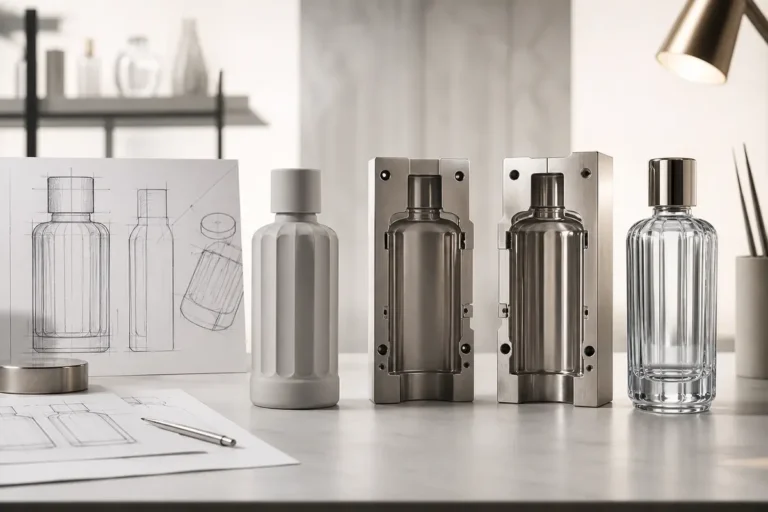 Custom glass bottle development from concept sketches through mold tooling to glass prototype