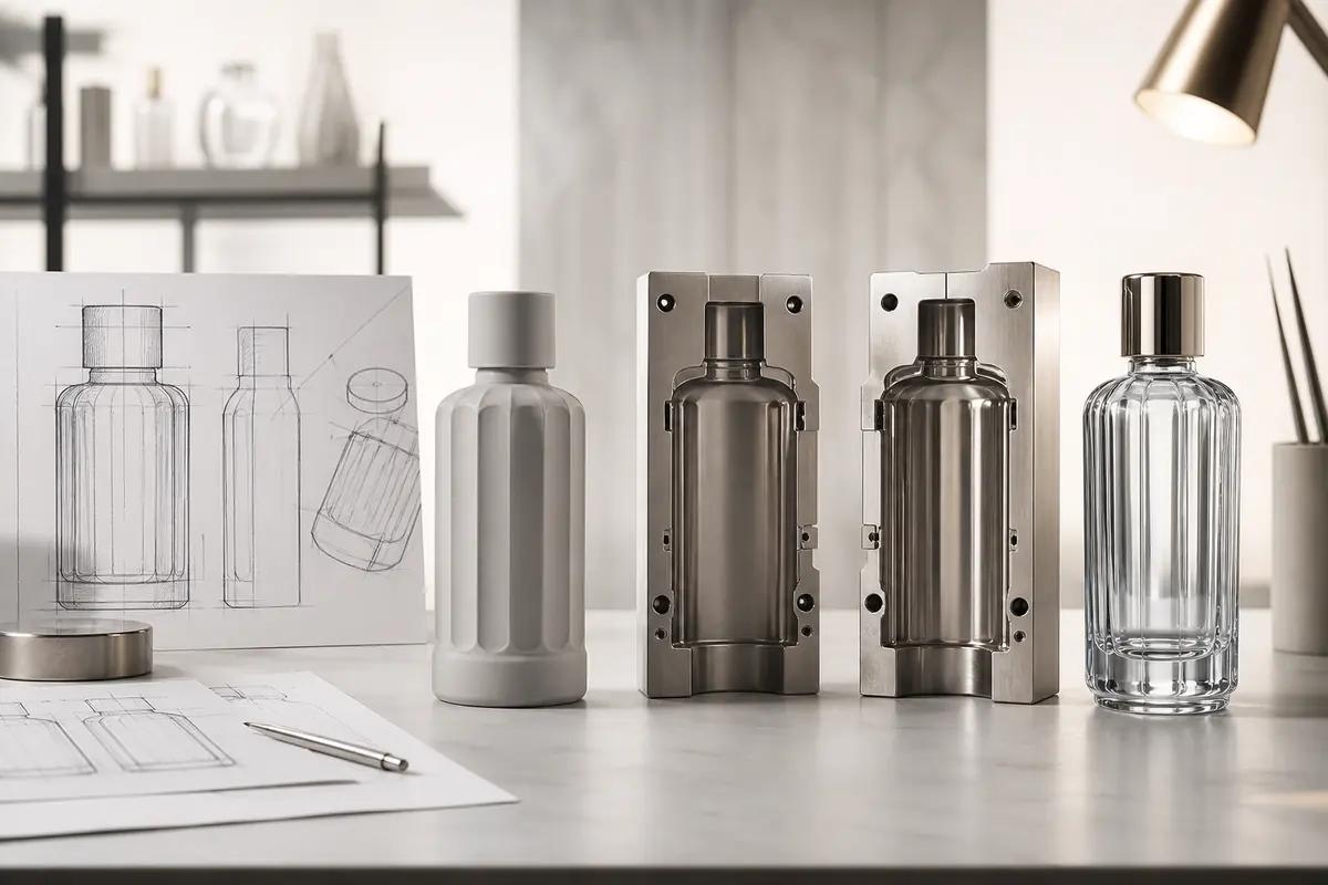 Custom glass bottle development from concept sketches through mold tooling to glass prototype