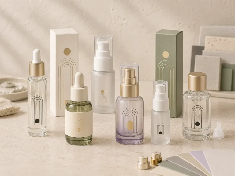 Custom glass serum bottles with branded finishes for professional and private-label skincare packaging