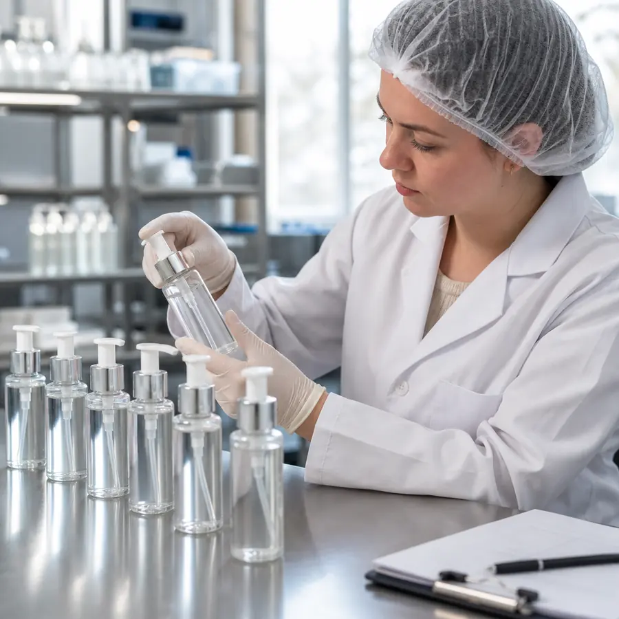 Techniker prüft gefüllte Muster von Kosmetikpumpflaschen