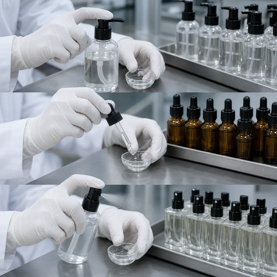 Technician testing cosmetic pump dropper and perfume atomizer performance