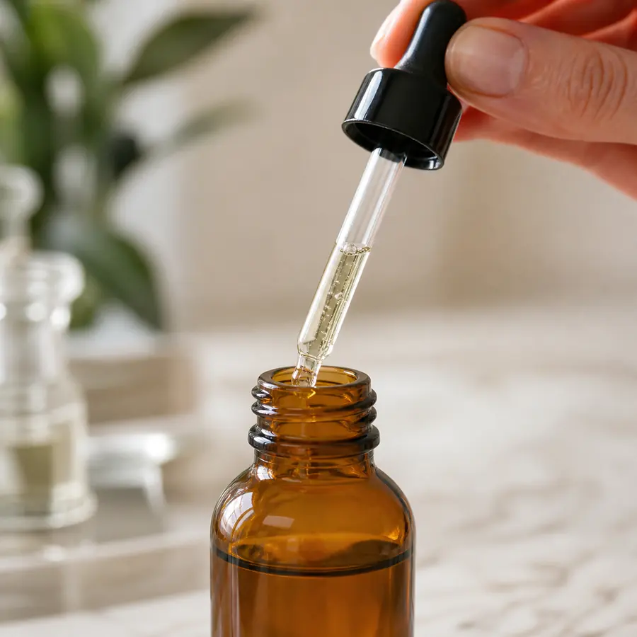 Glass pipette drawing liquid from an unbranded serum bottle