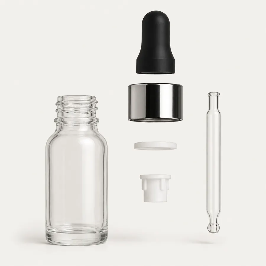 Glass dropper bottle, bulb, collar, gasket, insert and pipette components