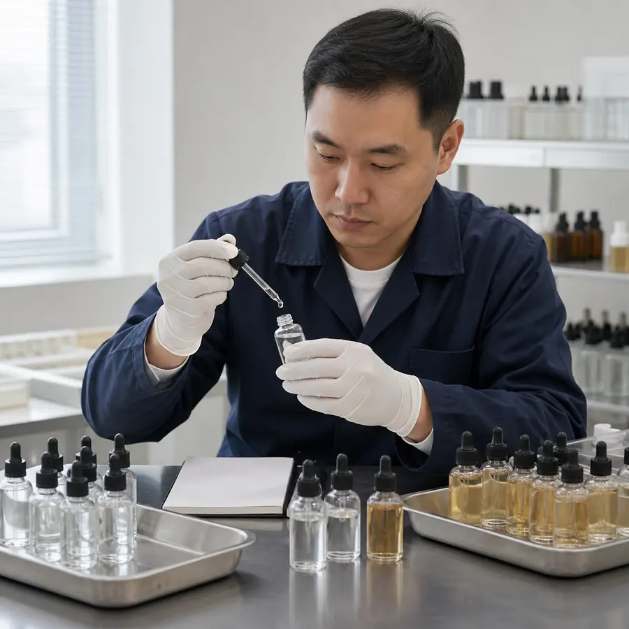 Buyer evaluating assembled serum dropper bottle samples