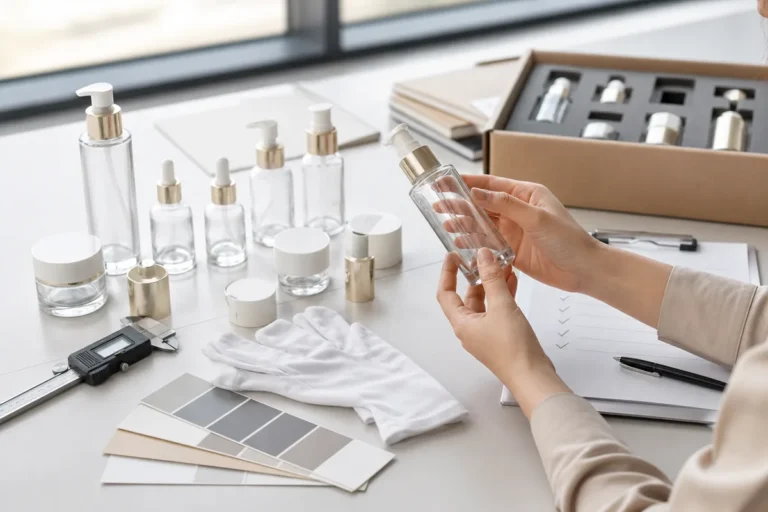 Buyer evaluating cosmetic packaging samples with specification and inspection tools
