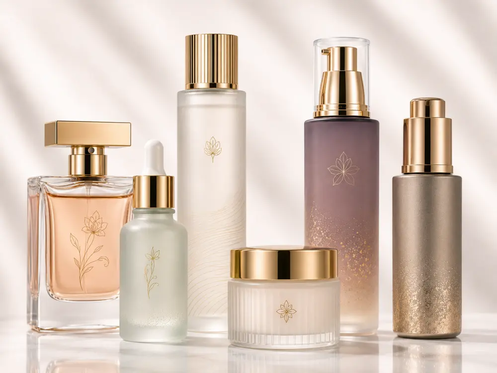 Cosmetic glass bottles with frosted, coated, printed and hot-stamped finishes