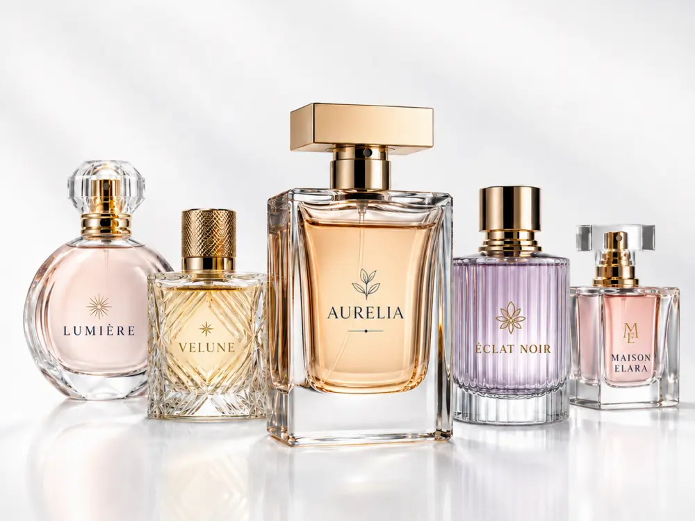 Custom luxury perfume glass bottles with coordinated sprayers and decorative caps