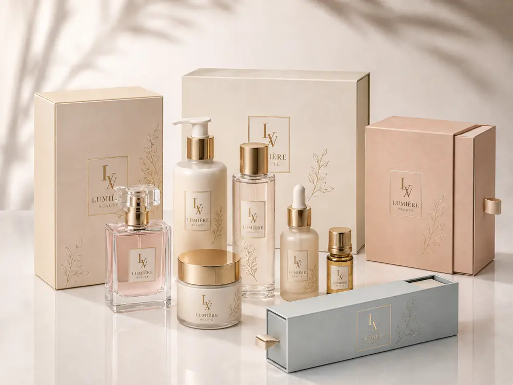 OEM cosmetic packaging collection with glass bottles, jars and custom branded boxes
