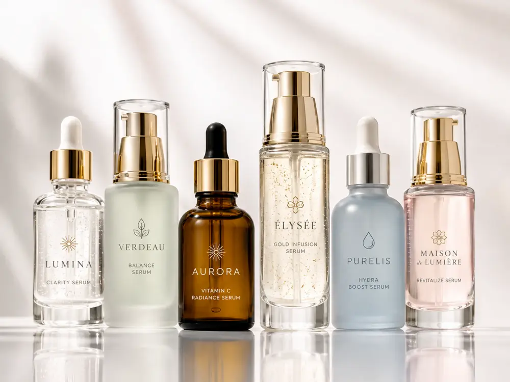 Custom serum glass bottles with dropper and pump closures for skincare brands