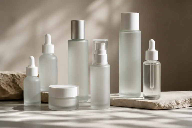 Collection of unbranded frosted cosmetic glass bottles