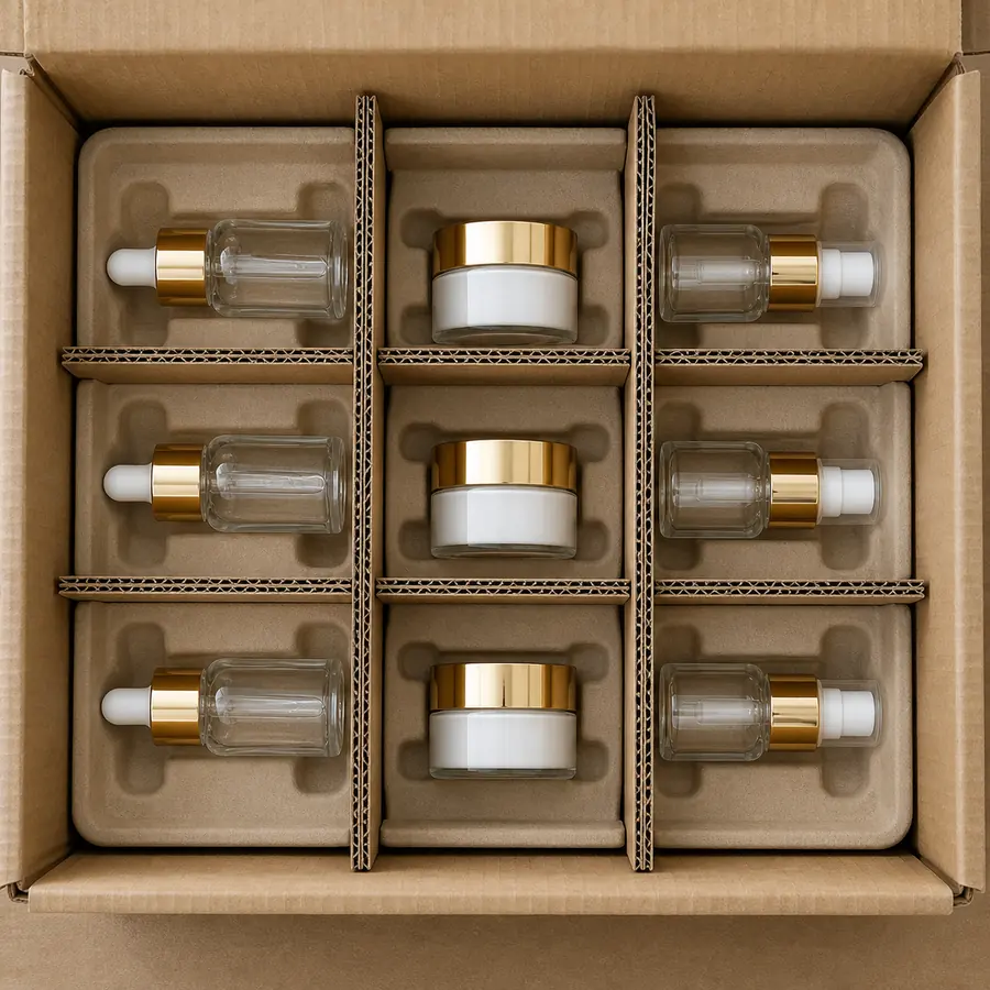 Cosmetic glass bottles separated by corrugated carton dividers and trays