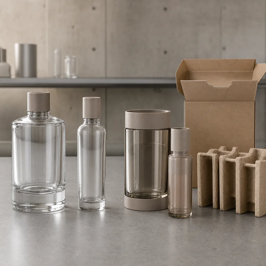 Glasverpackungsformate im Vergleich mit Nachfüll- und Transportschutzkomponenten