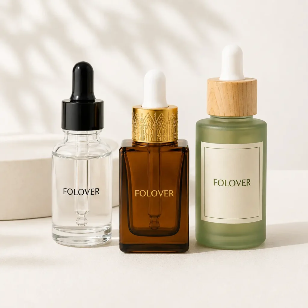 Glass serum bottles in multiple sizes, shapes, finishes with dropper, pump and closure options