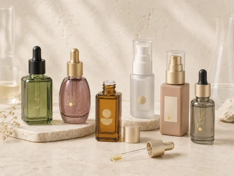 Glass serum bottles with droppers and pumps for facial serum skincare packaging
