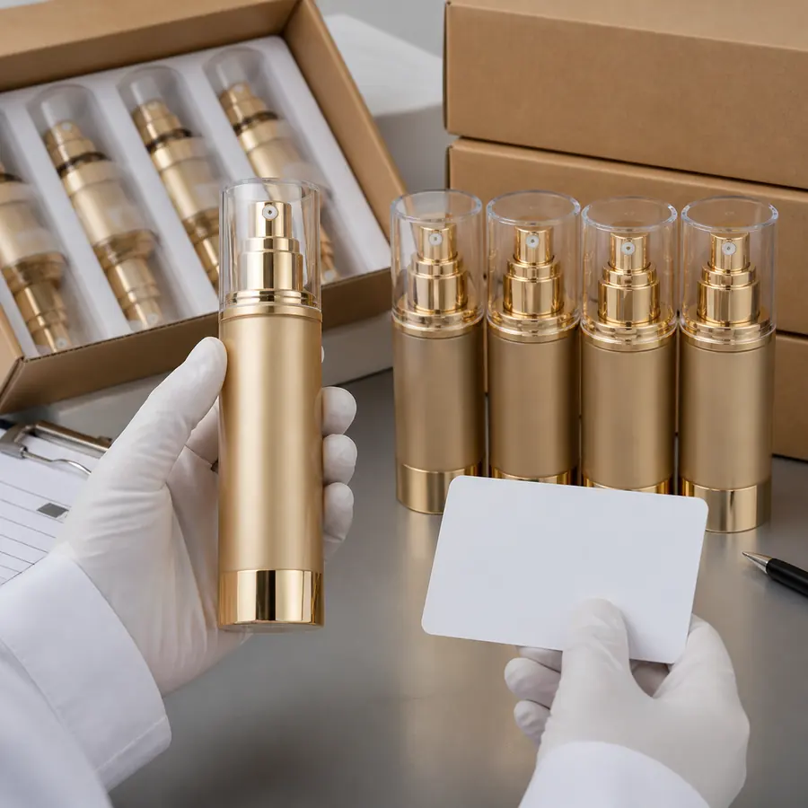 Approved cosmetic bottle reference compared with matching samples