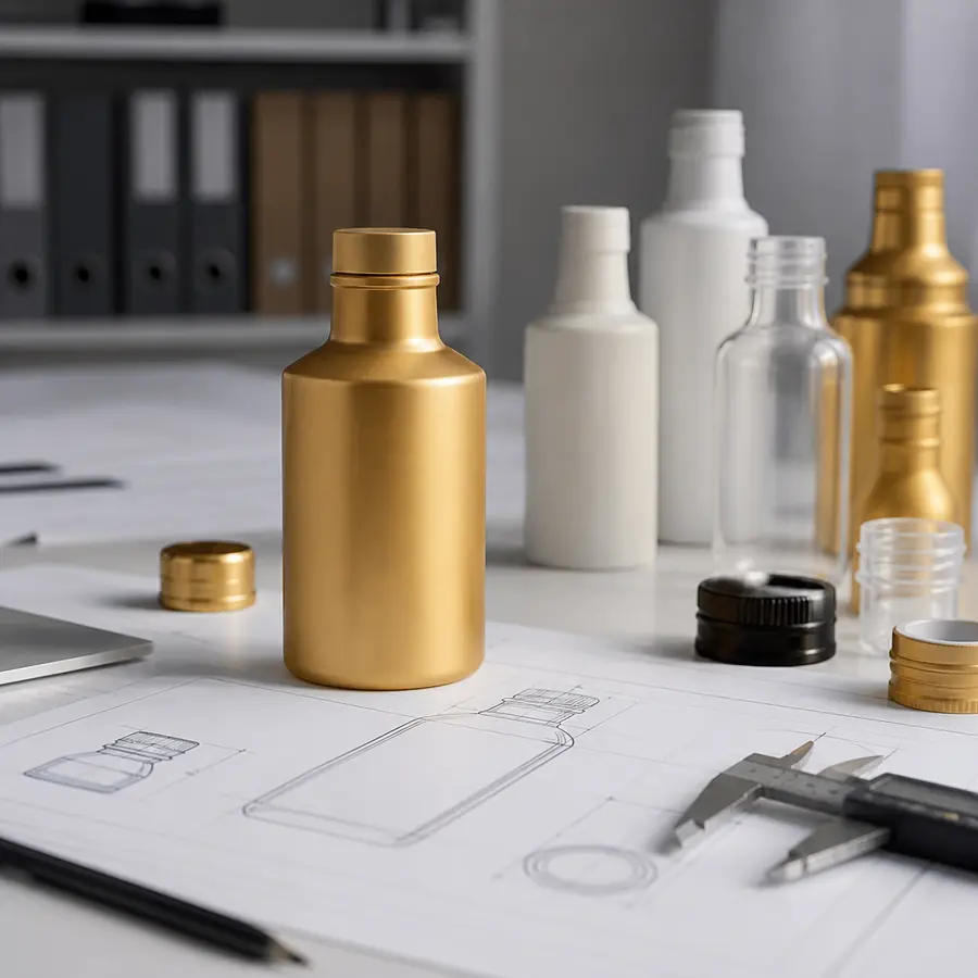 Golden cosmetic bottle sample reviewed with technical drawings and caliper
