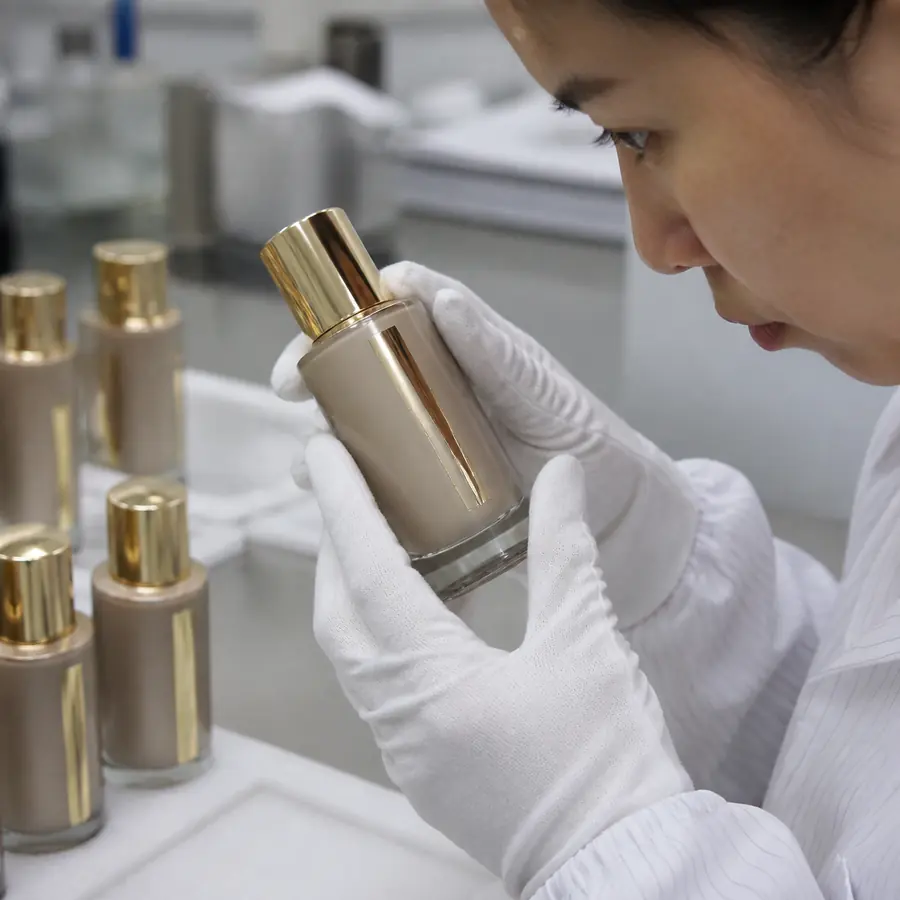 Technician inspecting metallic foil alignment on a cosmetic glass bottle