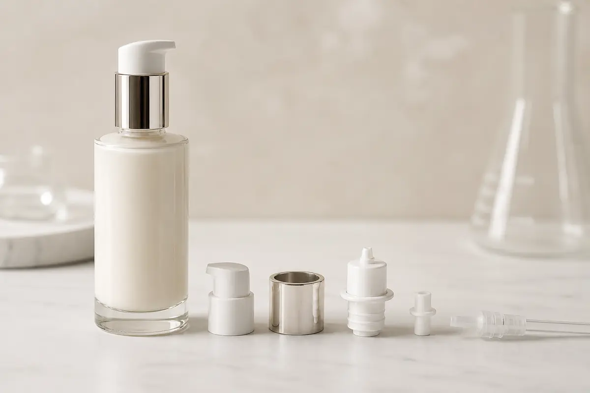 Cosmetic lotion pump components beside an assembled glass bottle